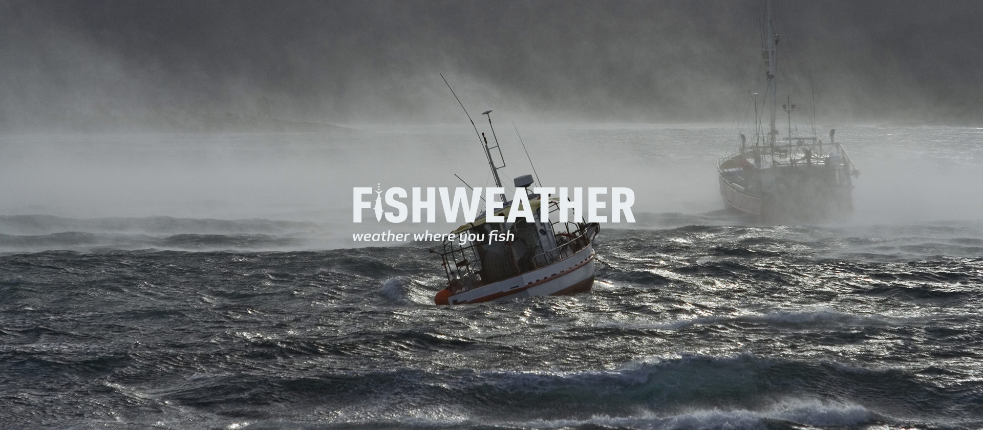 FishWeather banner cover with a ship sailing a storm in the sea