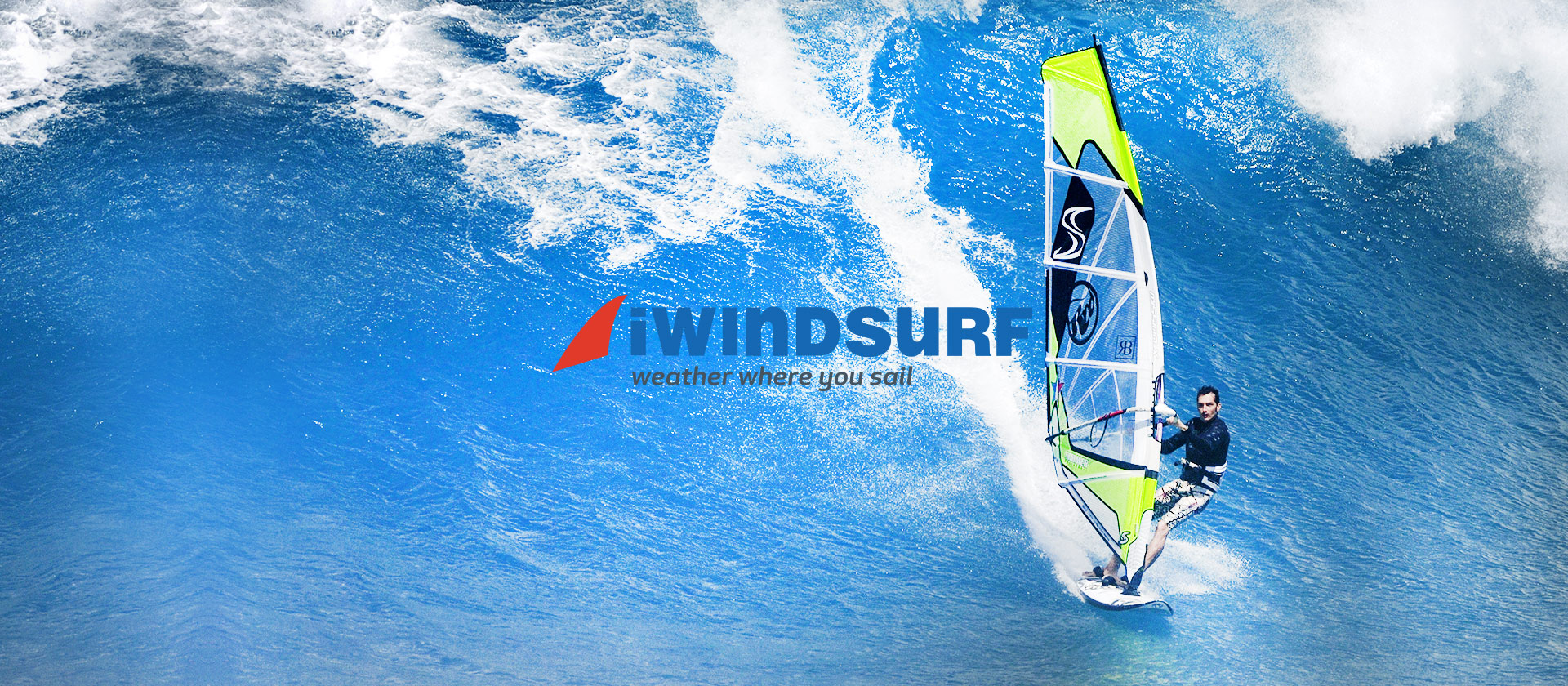 iWindsurf banner cover with windsurfer riding a large wave on a shortboard