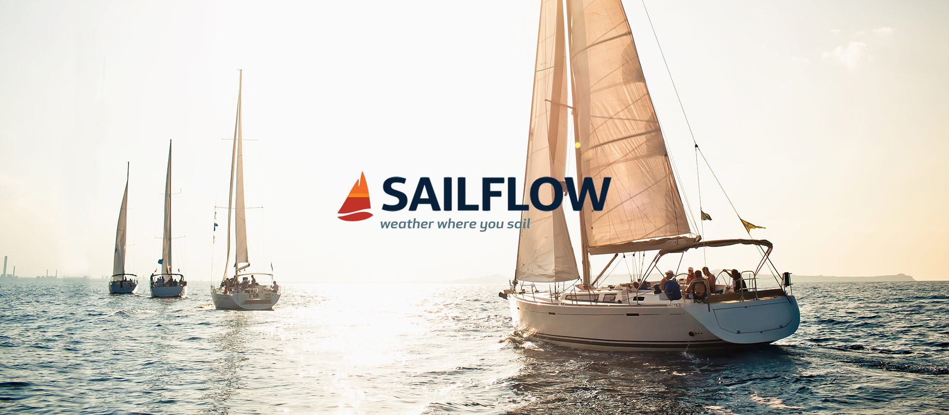 SailFlow banner cover with multiple sailboats sailing in the ocean.