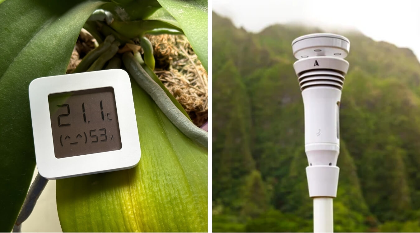 a digital hygrometer next to the tempest weather system, both reading dew point