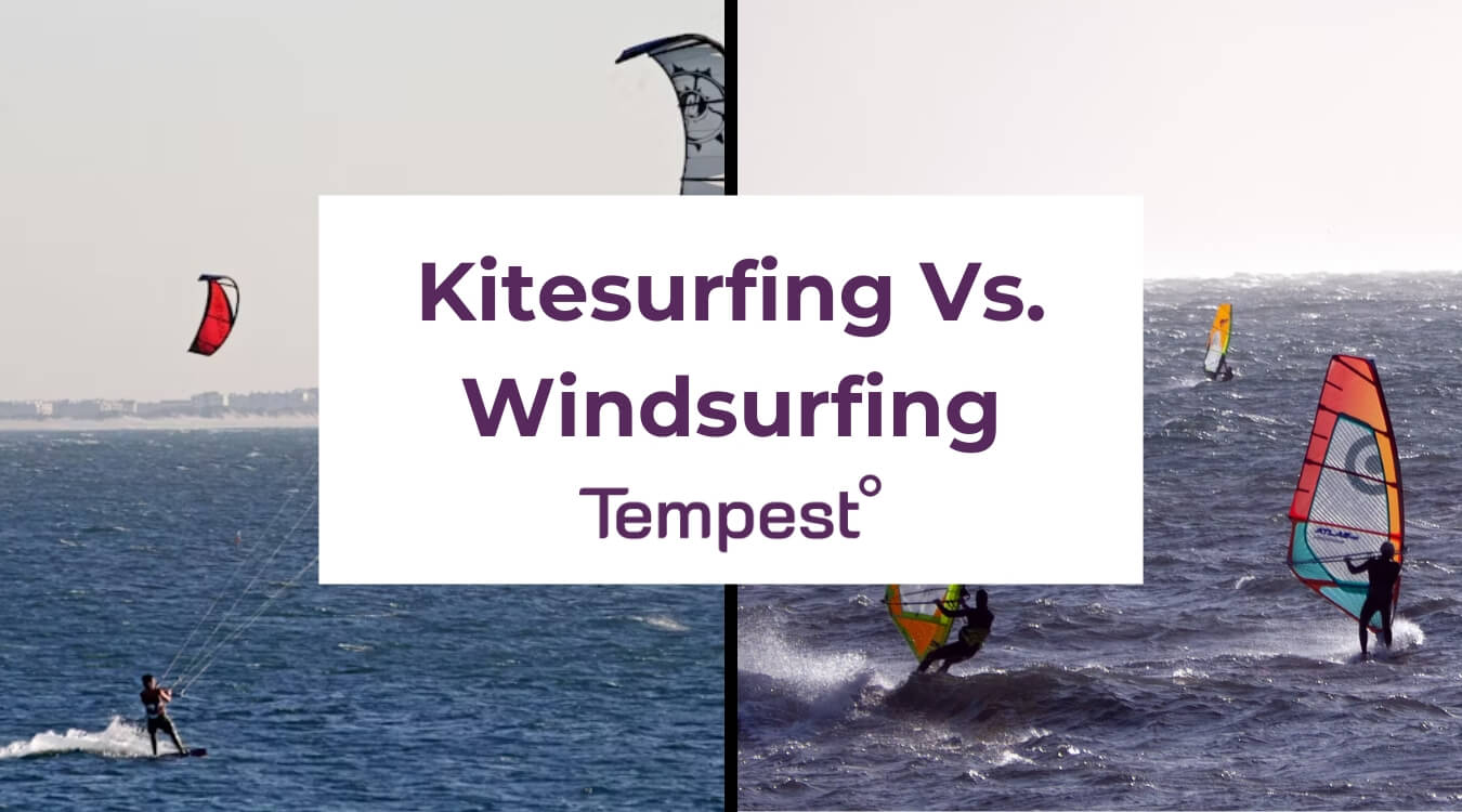 a kitesurfer on the left and a windsurfer on the right